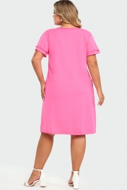 Plus Size V-Neck Pink Ruffle Sleeves Midi Dress