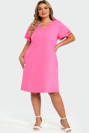 Plus Size V-Neck Pink Ruffle Sleeves Midi Dress