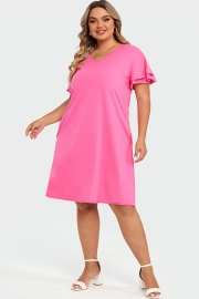 Plus Size V-Neck Pink Ruffle Sleeves Midi Dress