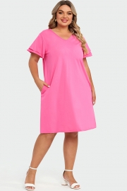 Plus Size V-Neck Pink Ruffle Sleeves Midi Dress