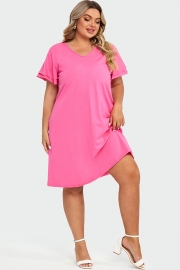 Plus Size V-Neck Pink Ruffle Sleeves Midi Dress
