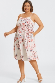 Floral Print Square Neck Chiffon Pleated Midi Dress