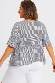 Black ＆ White Stripe Paneled Ruffled Hem Top
