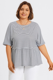 Black ＆ White Stripe Paneled Ruffled Hem Top