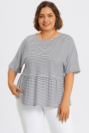 Black ＆ White Stripe Paneled Ruffled Hem Top