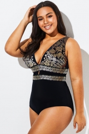 Black Foil Printed Cut Out One Piece Swimsuit