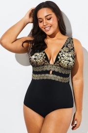 Black Foil Printed Cut Out One Piece Swimsuit