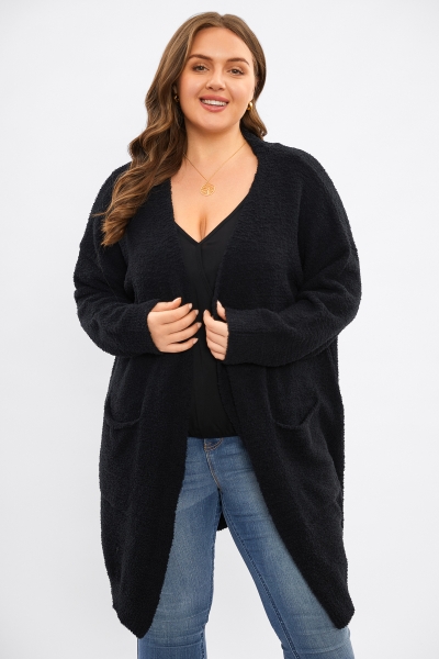 Black Knit Pocket Open Front Long Cardigan