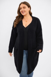 Black Knit Pocket Open Front Long Cardigan