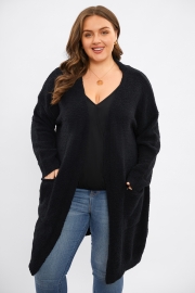 Black Knit Pocket Open Front Long Cardigan