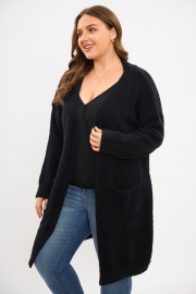 Black Knit Pocket Open Front Long Cardigan