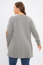 Charcoal-Black Striped Elbow Patches Mid Long Cardigan