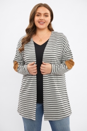 Charcoal-Black Striped Elbow Patches Mid Long Cardigan