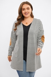 Charcoal-Black Striped Elbow Patches Mid Long Cardigan
