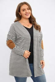 Charcoal-Black Striped Elbow Patches Mid Long Cardigan