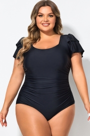 Black Square Neck Double Ruffle Sleeve One Piece Swimsuit