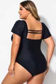 Black Square Neck Double Ruffle Sleeve One Piece Swimsuit