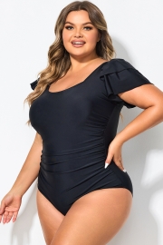 Black Square Neck Double Ruffle Sleeve One Piece Swimsuit