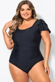 Black Square Neck Double Ruffle Sleeve One Piece Swimsuit