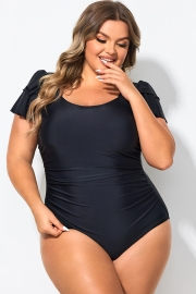 Black Square Neck Double Ruffle Sleeve One Piece Swimsuit