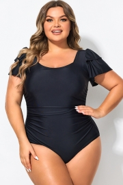 Black Square Neck Double Ruffle Sleeve One Piece Swimsuit