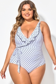 V-Neck Striped Tie Ruffle One Piece Swimsuit