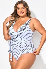 V-Neck Striped Tie Ruffle One Piece Swimsuit
