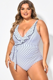 V-Neck Striped Tie Ruffle One Piece Swimsuit