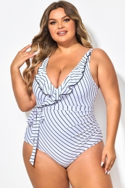 V-Neck Striped Tie Ruffle One Piece Swimsuit