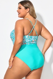 Plus Size Teal Floral Cut-Out One Piece Swimsuit