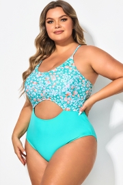Plus Size Teal Floral Cut-Out One Piece Swimsuit