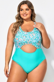 Plus Size Teal Floral Cut-Out One Piece Swimsuit