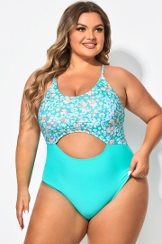Plus Size Teal Floral Cut-Out One Piece Swimsuit