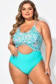 Plus Size Teal Floral Cut-Out One Piece Swimsuit