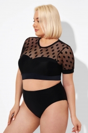 Black Mesh Polka Dot Short Sleeve Bikini Top