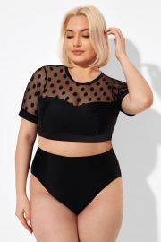 Black Mesh Polka Dot Short Sleeve Bikini Top