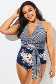 Floral Print Wrap Halter One Piece Swimsuit