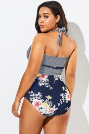 Floral Print Wrap Halter One Piece Swimsuit