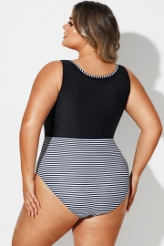 Black & White Striped Front Zip One Piece Swimsuit