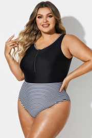 Black & White Striped Front Zip One Piece Swimsuit