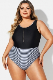 Black & White Striped Front Zip One Piece Swimsuit