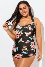 Floral Print H-Back Sarong Front One Piece Swimsuit
