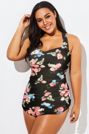 Floral Print H-Back Sarong Front One Piece Swimsuit