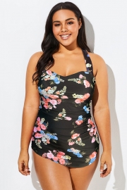 Floral Print H-Back Sarong Front One Piece Swimsuit