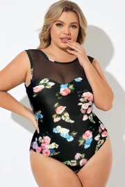 High Neck Black Floral Print Mesh One Piece Swimsuit