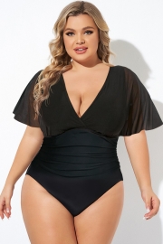 Black Wireless Mesh Flutter Sleeve One Piece Swimsuit