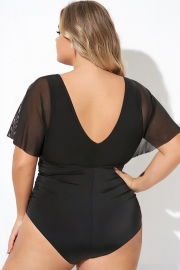 Black Wireless Mesh Flutter Sleeve One Piece Swimsuit