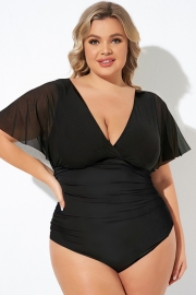 Black Wireless Mesh Flutter Sleeve One Piece Swimsuit