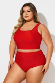 Plus Size Red Solid Square Neck Bikini Top