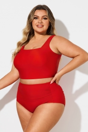 Plus Size Red Solid Square Neck Bikini Top